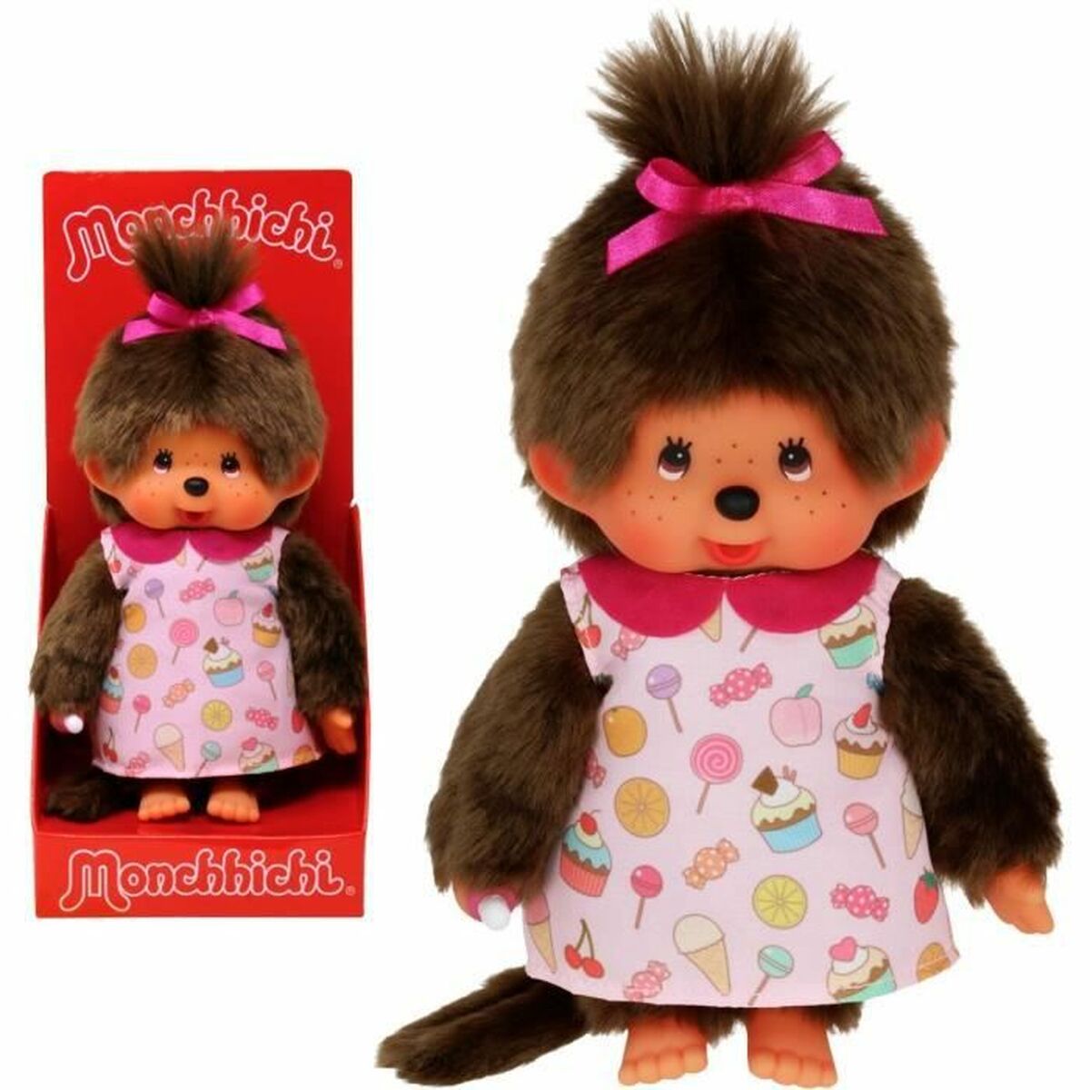 kiki singe peluche avec sa robe rose dans son emballage