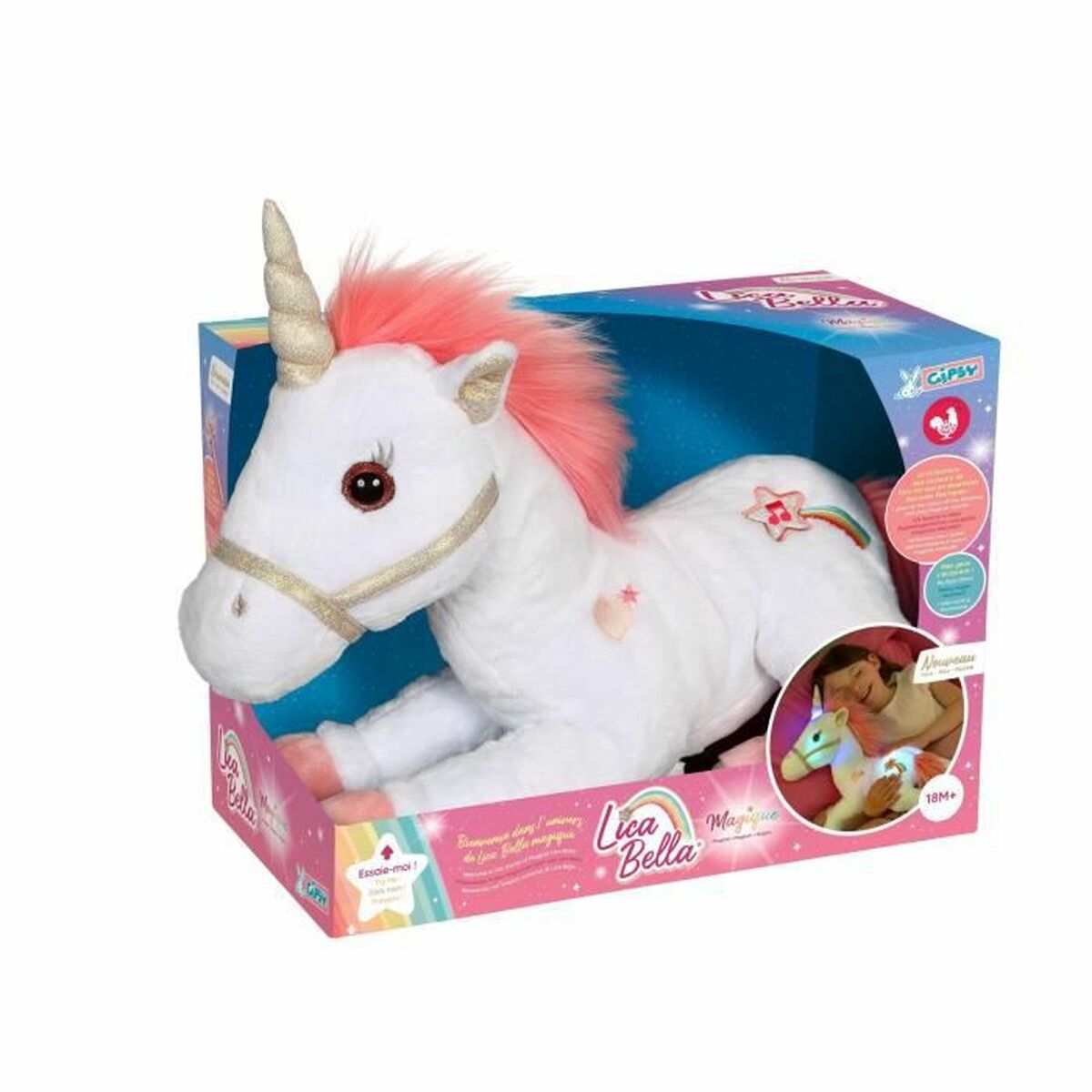 peluche licorne de 35cm interactive dans son emballage