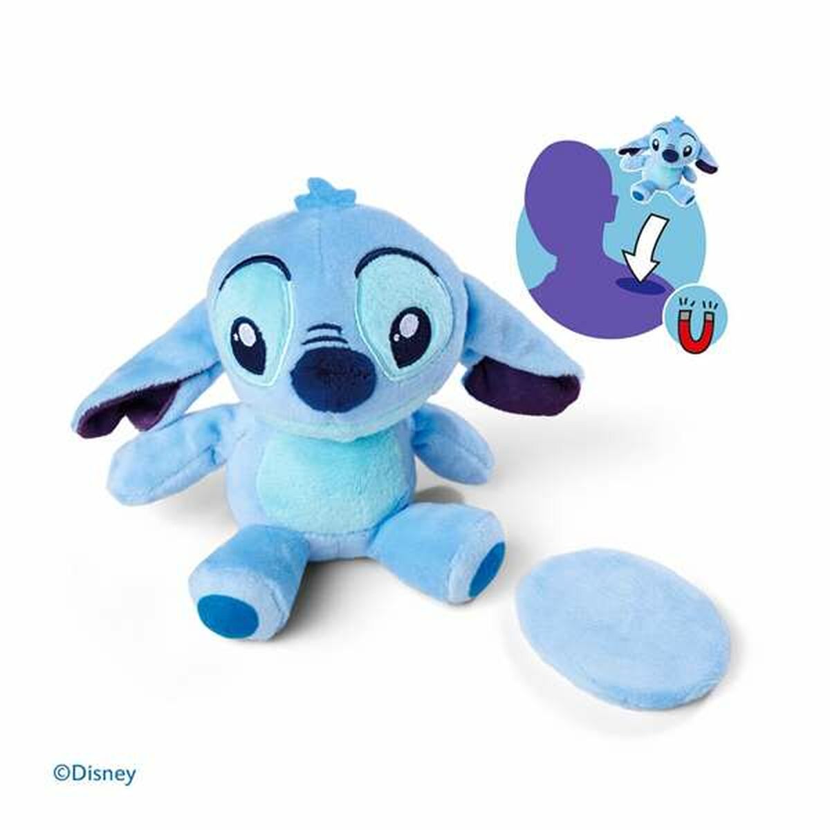 peluche stitch avec un dessin montrant son utilisation