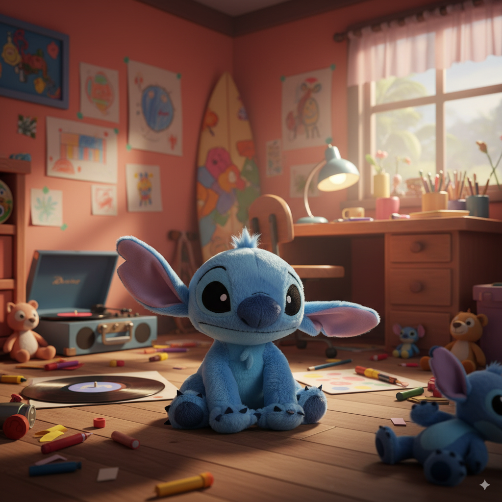 peluche stitch disney dans une chambre sur le thème de Lilo