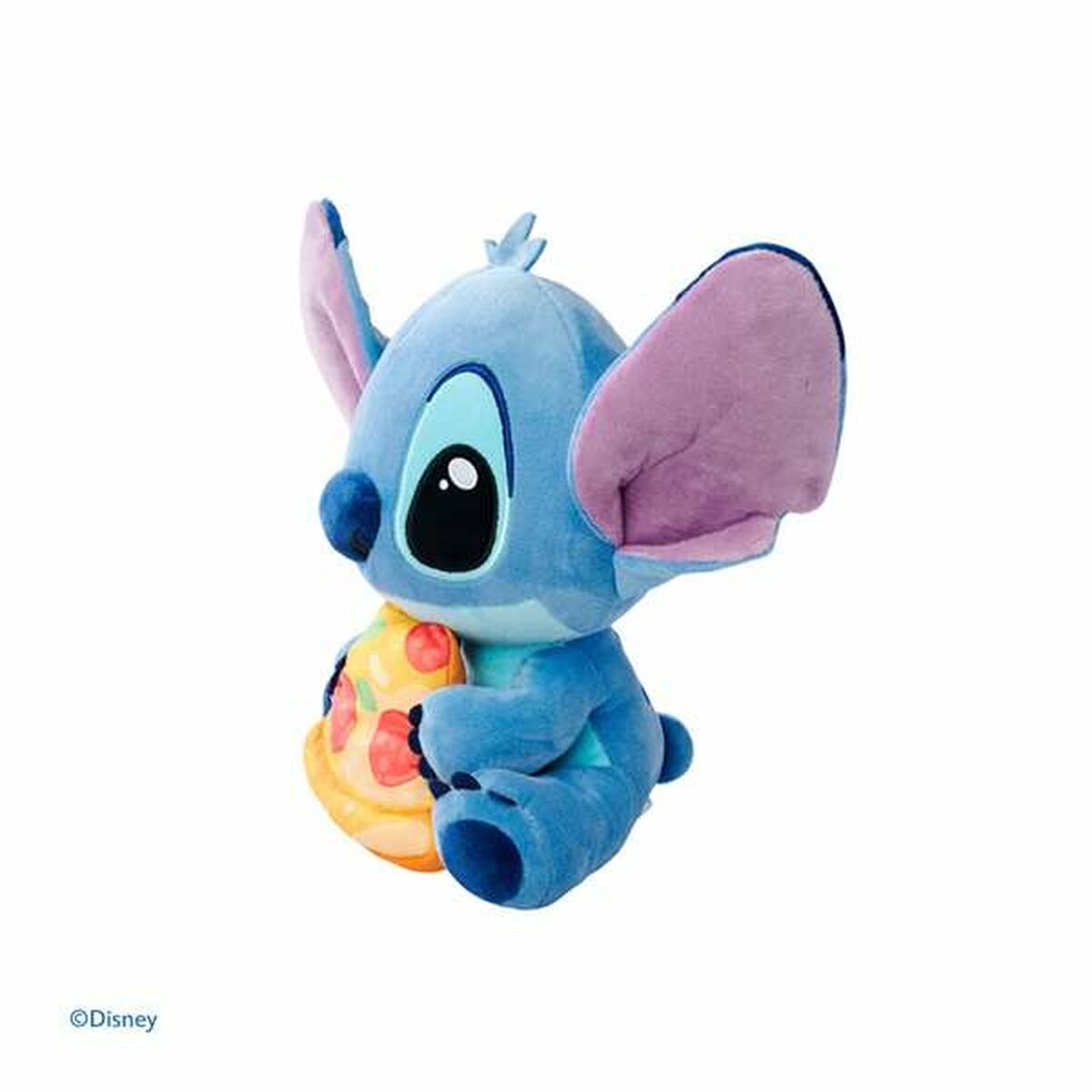 Stitch peluche de profil avec sa part de pizza