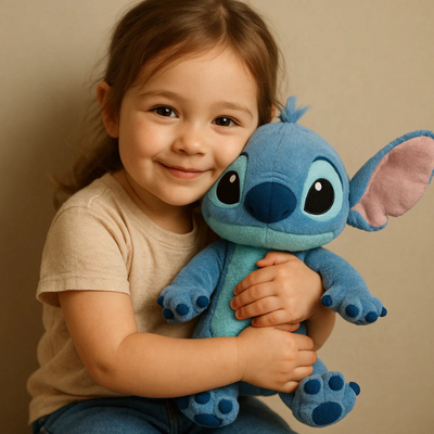 peluche stitch dans les bras d'une petite fille