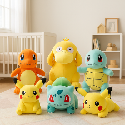 collection peluche pokemon dans la chambre d'un enfant