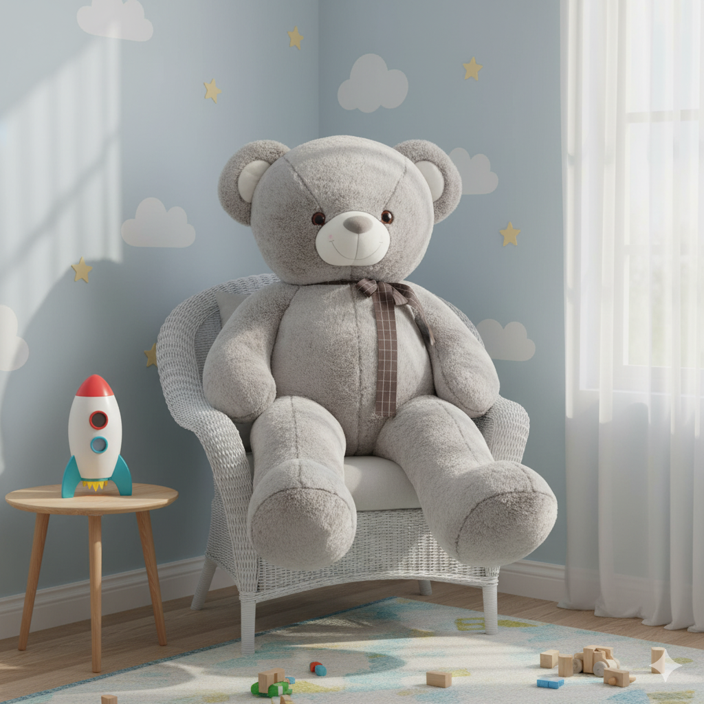 peluche gros ours gris dans une chambre d'enfant