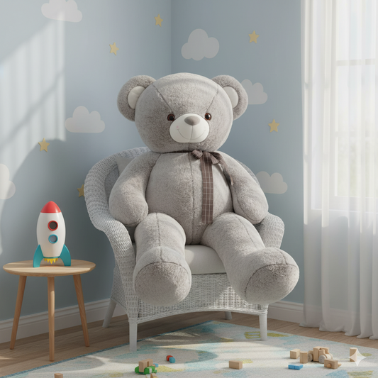 peluche gros ours gris dans une chambre d'enfant