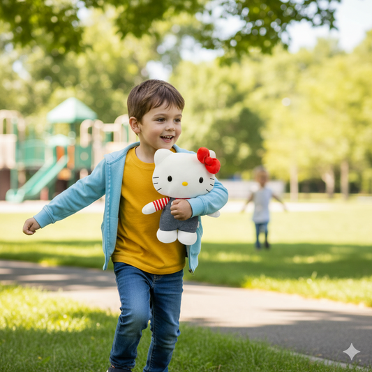 Petit garçon qui joue avec sa peluche hello kitty en salopette en jeans