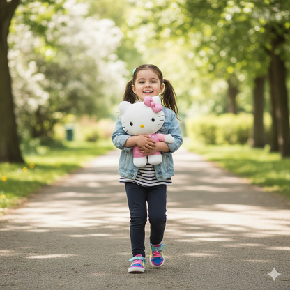 petite fille qui se balade avec sa peluche hello kitty rose