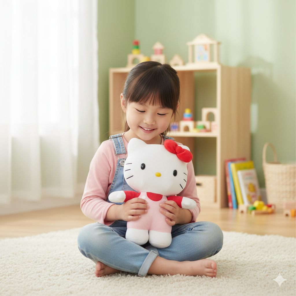 Petite fille qui tient la peluche hello kitty en salopette