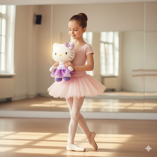 Petite ballerine qui tient sa peluche hello kitty en robe mauve 