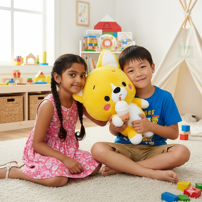 deux enfants qui jouent avec la peluche kawaii little corgi cuties de 42cm
