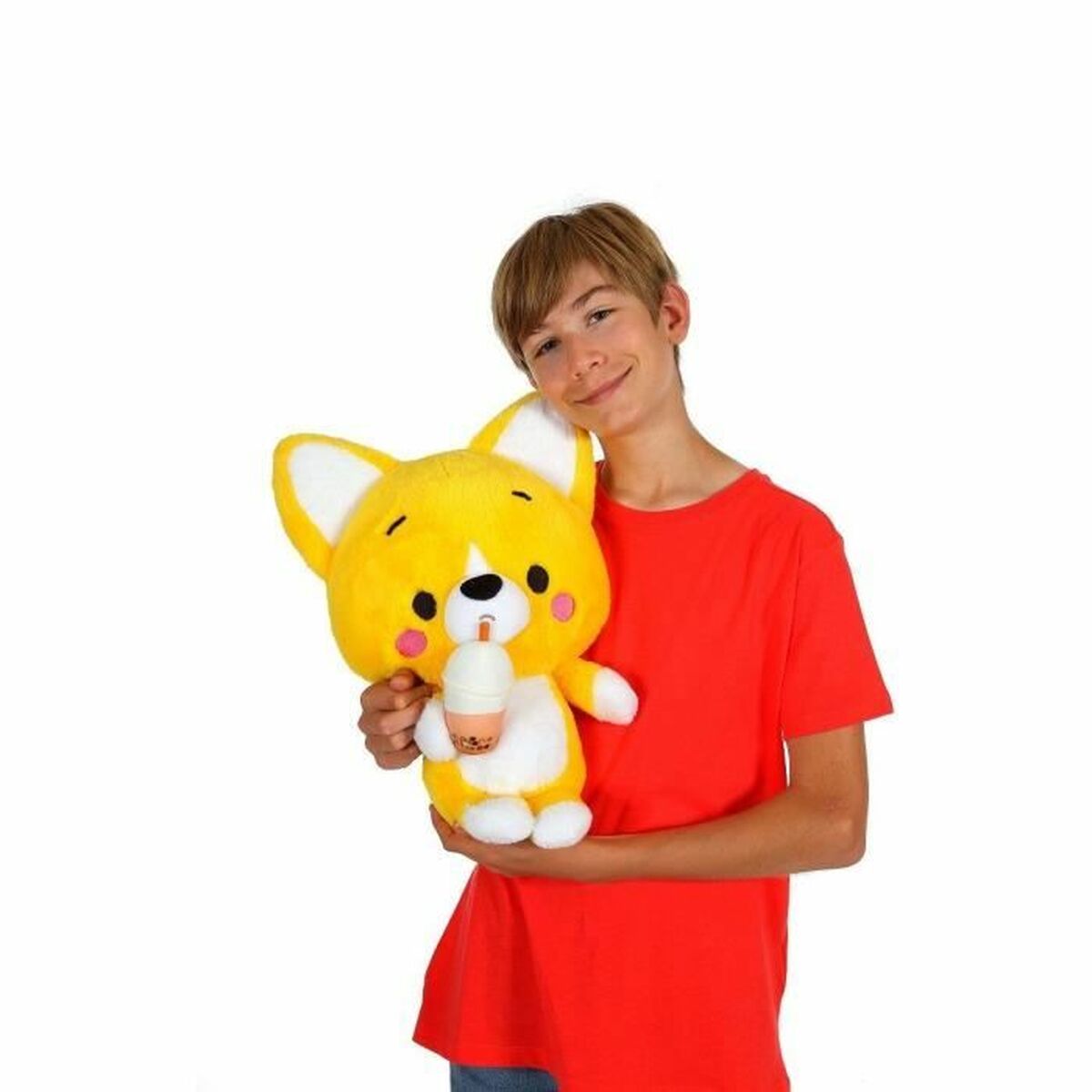 garçon qui porte la peluche kawaii little corgi cuties de 42cm