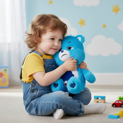 petit garçon qui fait un calin à la peluche bisounours touronchon