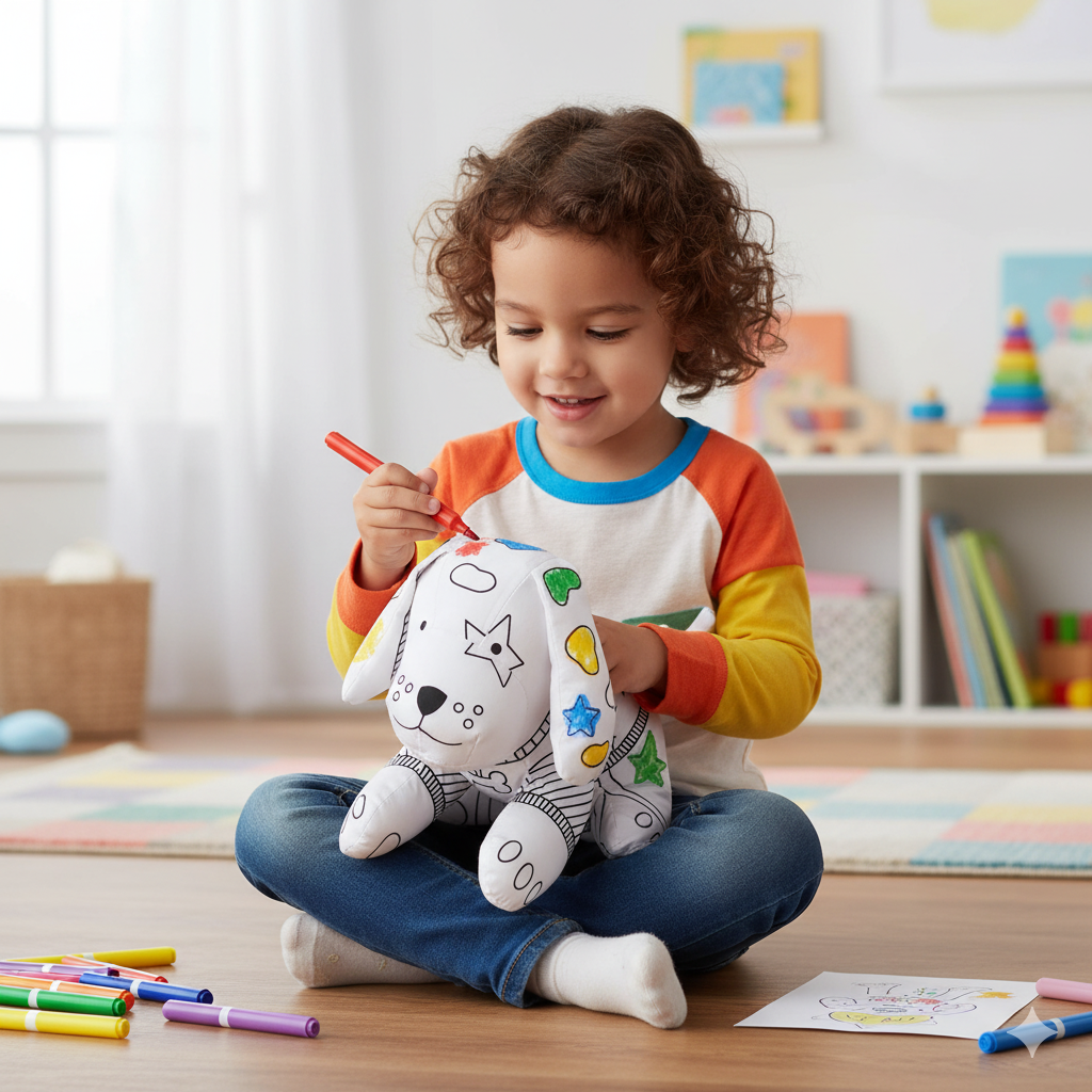 enfant qui colorie une peluche a colorier en forme de chien