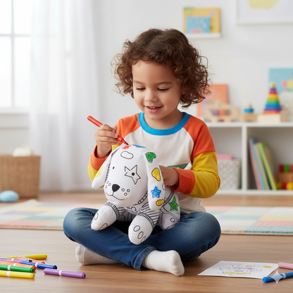 enfant qui colorie une peluche a colorier en forme de chien
