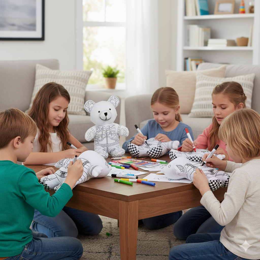 enfants qui colorient la peluche à colorier en fore d'ours