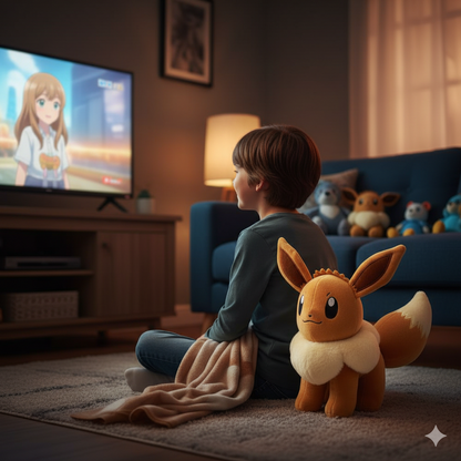 Petit garçon qui regarde les pokemon avec sa evoli peluche