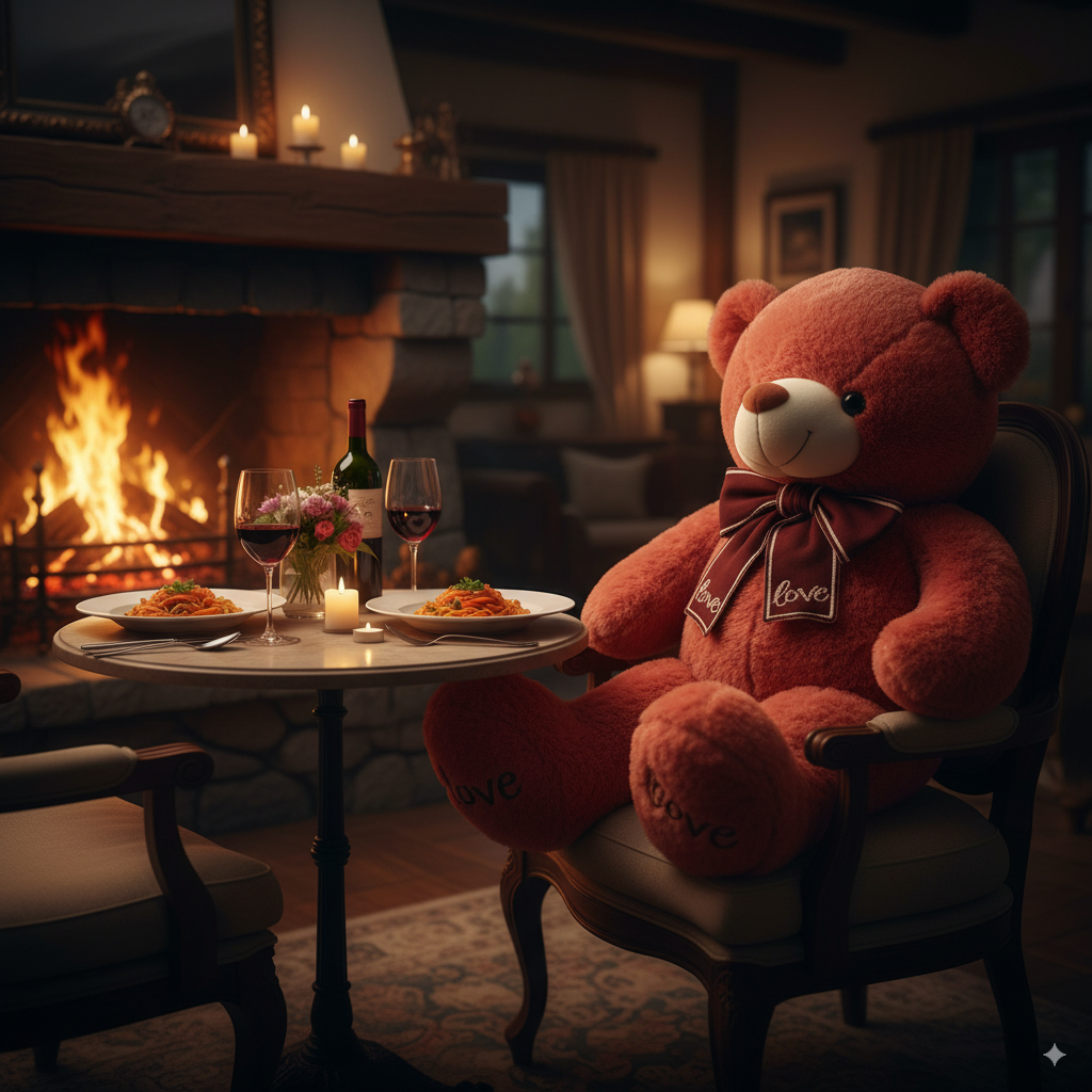 géant ours en peluche devant un diner romantique