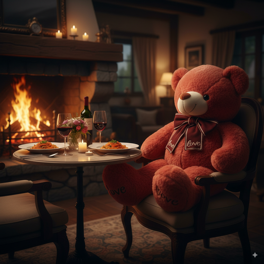 géant ours en peluche devant un diner romantique