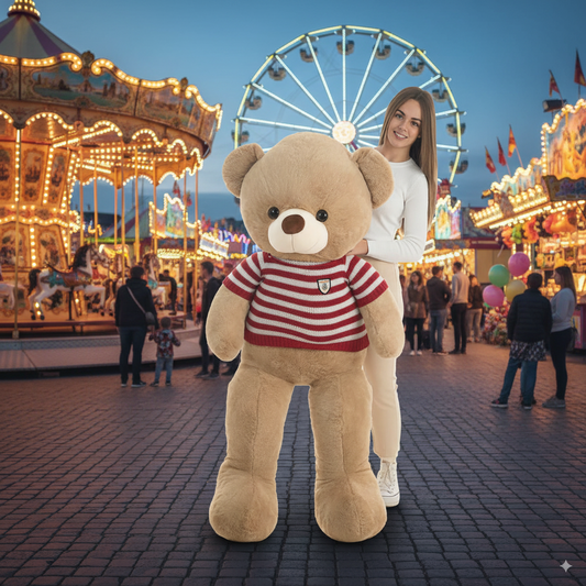 gros ours en peluche de 140cm dans les bras d'une femme à une fête forraine