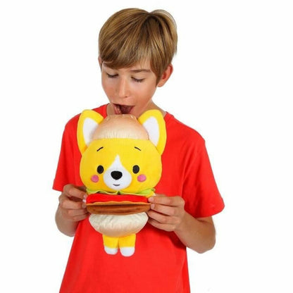 kawaii peluche d'un corgi burger dans les bras d'un garçon