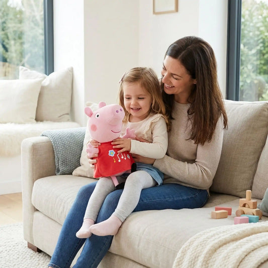 La Peluche de Peppa Pig dans les bras d'une petite fille sur les genoux de sa maman qui joue le générique