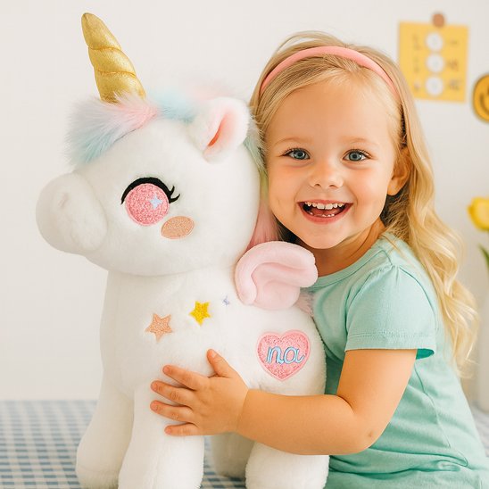 Petite fille qui sourie avec sa licorne peluche