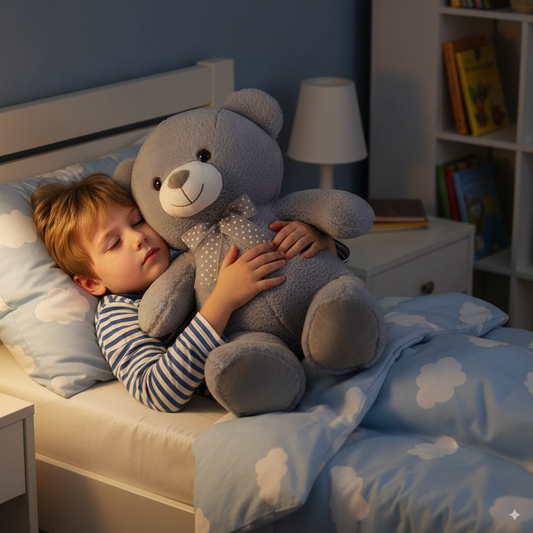 grosse ours en peluche dans les bras d'un petit garçon pour dormir
