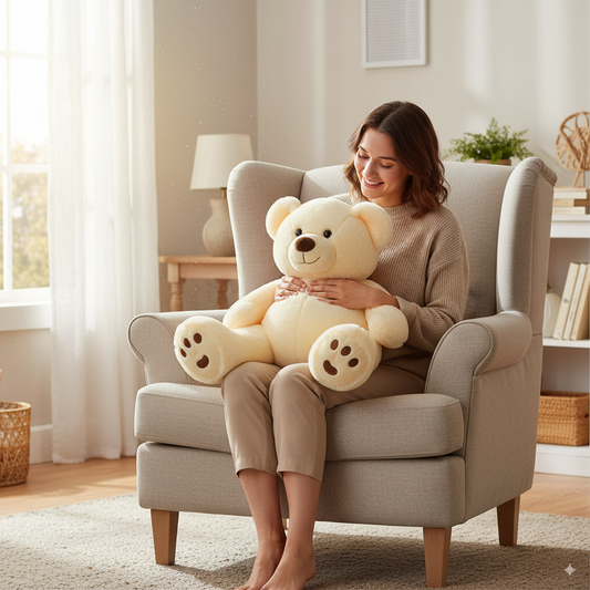 ours en peluche de 80cm sur les genoux d'une femme