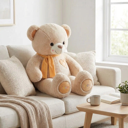 ours en peluche beige valentin de 100cm sur un canapé