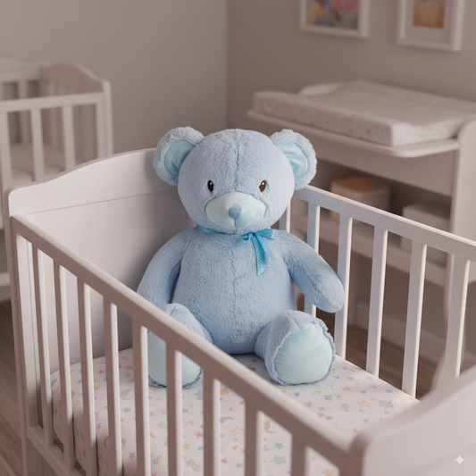 ours en peluche bleu de 55cm dans un lit pour bébé