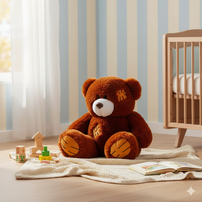 ours en peluche brun de 60cm dans une chambre d'enfant