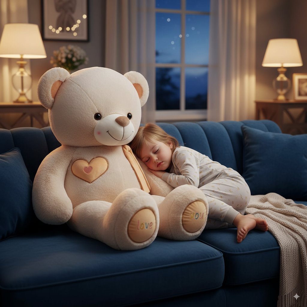 enfant qui dort sur l'ours en peluche geant