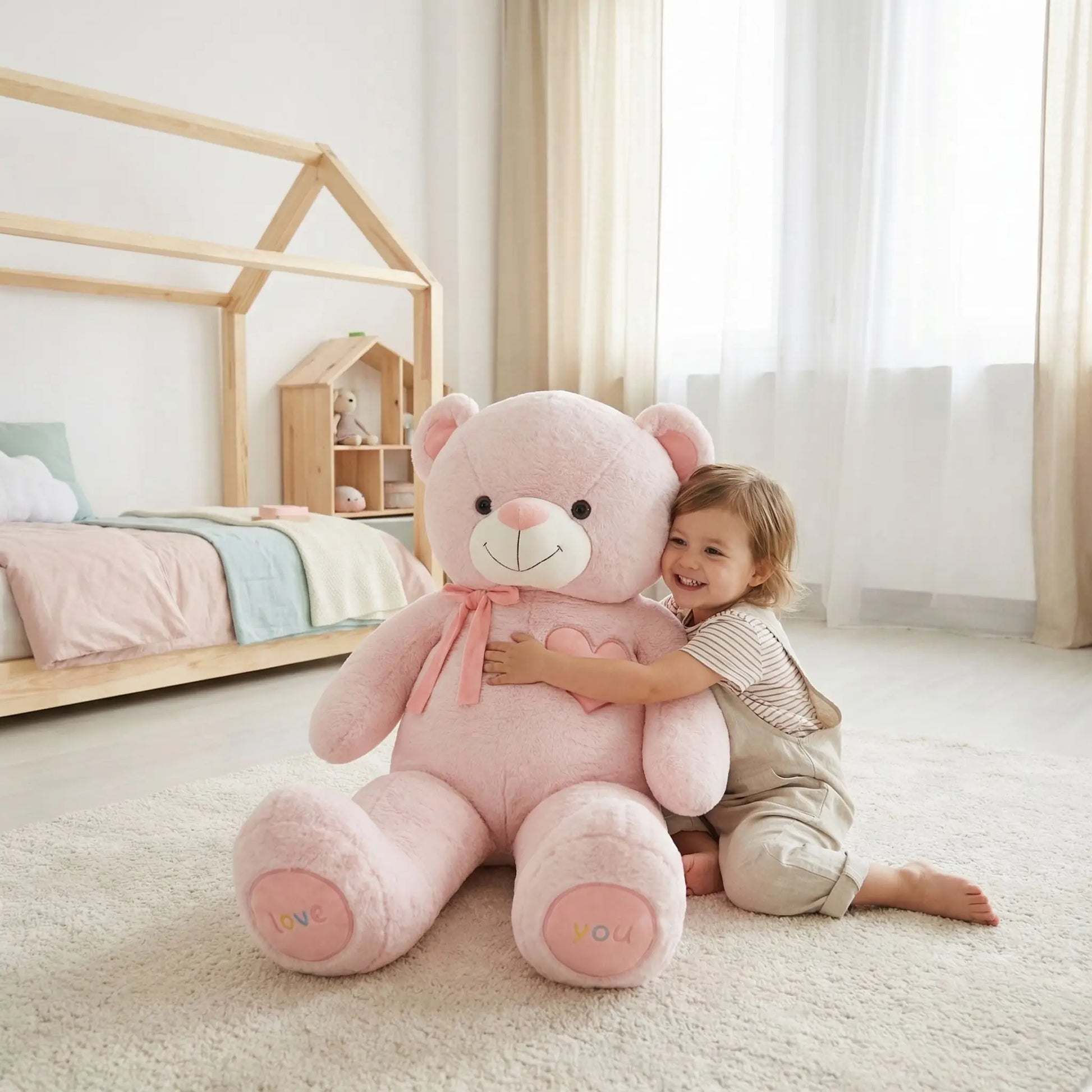 ours en peluche geant rose de 100cm dans les bras d'un enfant
