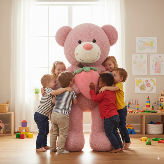 ours en peluche geante rose entouré d'enfants qui lui font des câlins