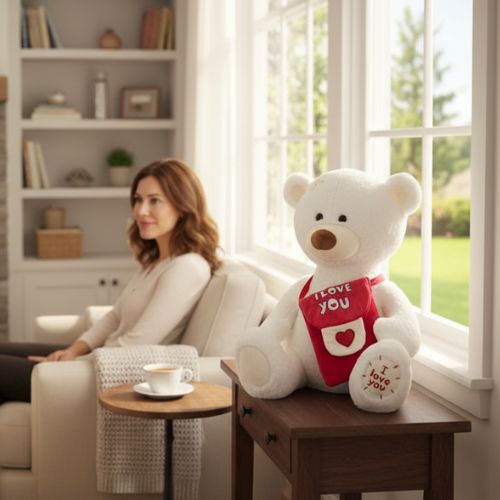 ours en peluche dans un salon avec une femme assise 
