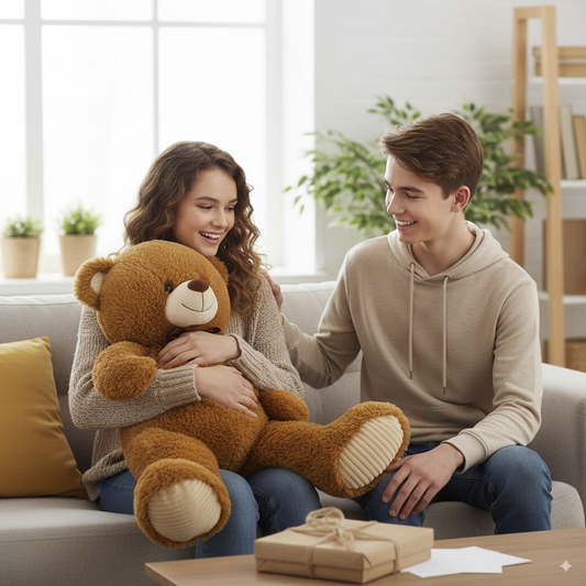 ours en peluche marron de 100cm offert en cadeau à une adolescente