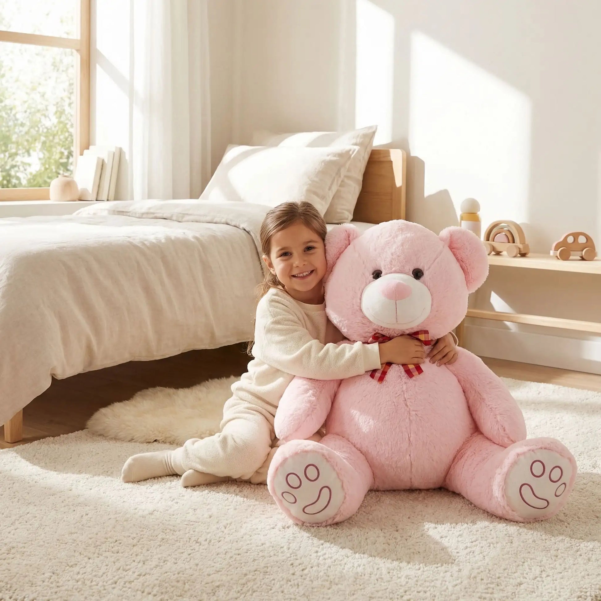 petite fille qui tient son ours en peluche rose de 70cm