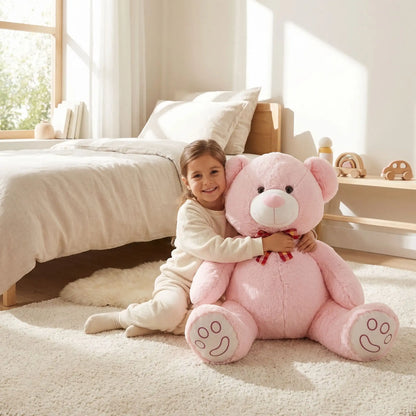 petite fille qui tient son ours en peluche rose de 70cm