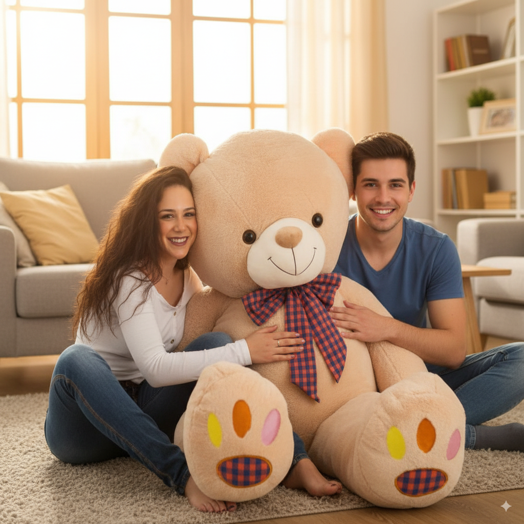 ours geant en peluche de 145cm dans les bras d'un couple assis