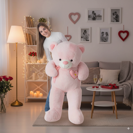 ours geant en peluche rose de 140cm dans les bras d'une femme