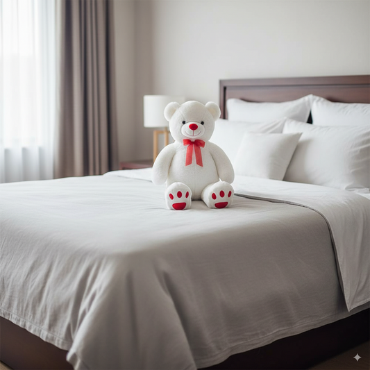 ours peluche géante blanc de 140cm sur un lit