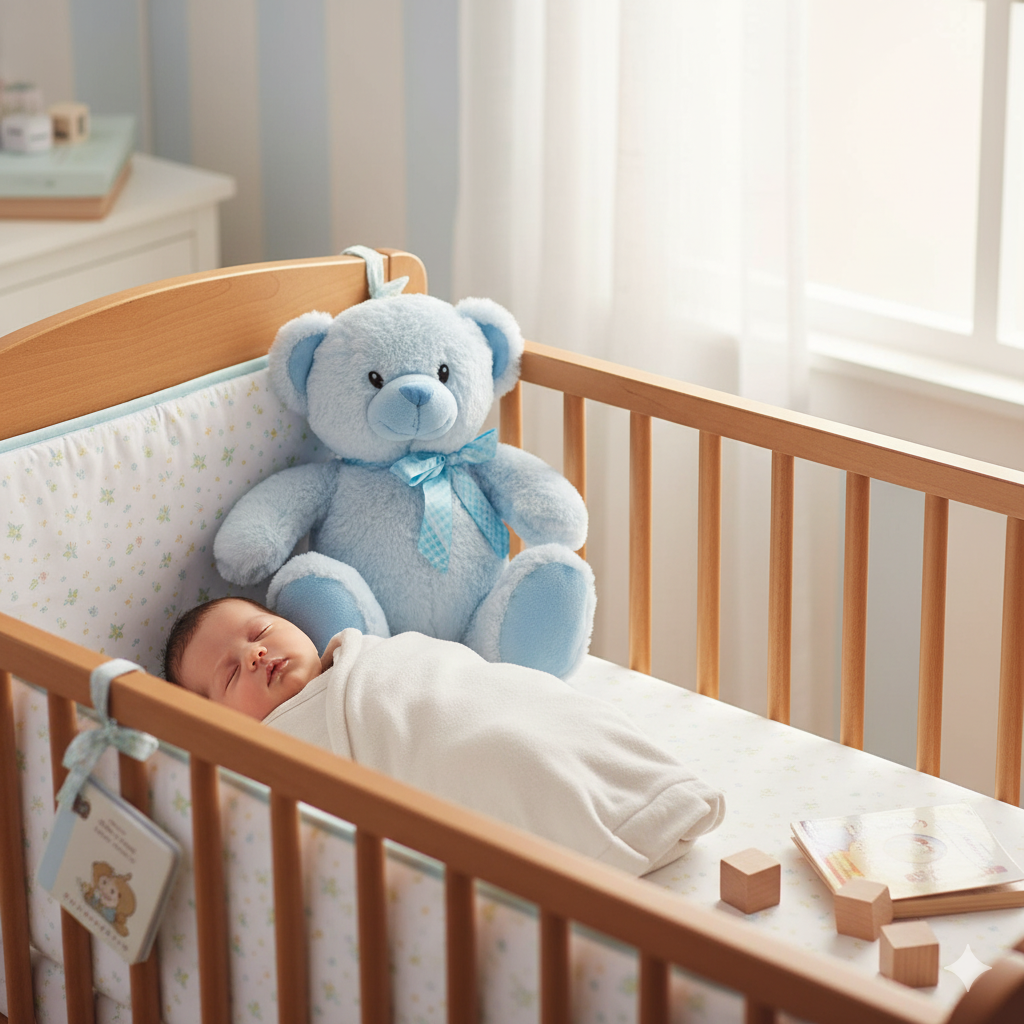 ourse en peluche bleu de 42 cm dans un berceau