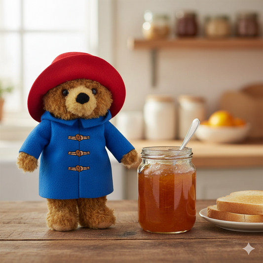 paddington peluche sur une table avec de la marmelade