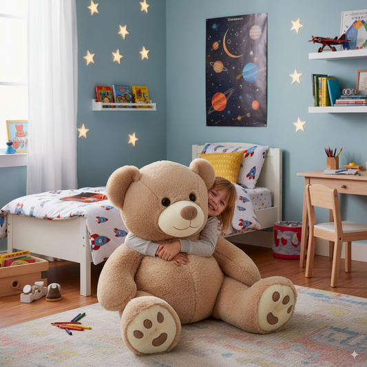 peluche de 80cm avec un enfant qui lui fait un câlin