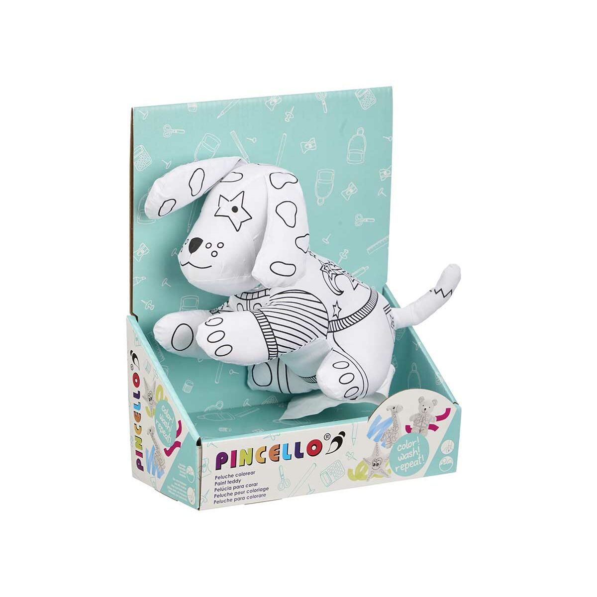 peluche à colorier en forme de chien dans son emballage