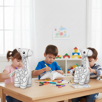 enfants qui colorient une peluche à colorier en forme de girafe
