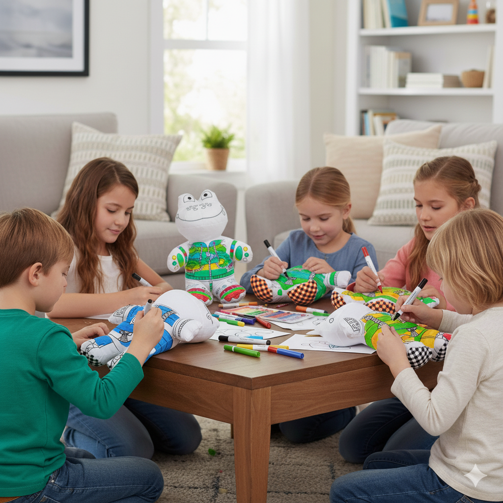 peluche a colorier en forme de grenouille colorié par des enfants