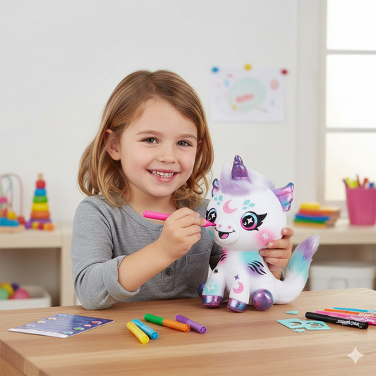 enfant qui dessiner sur une peluche a colorier licorne