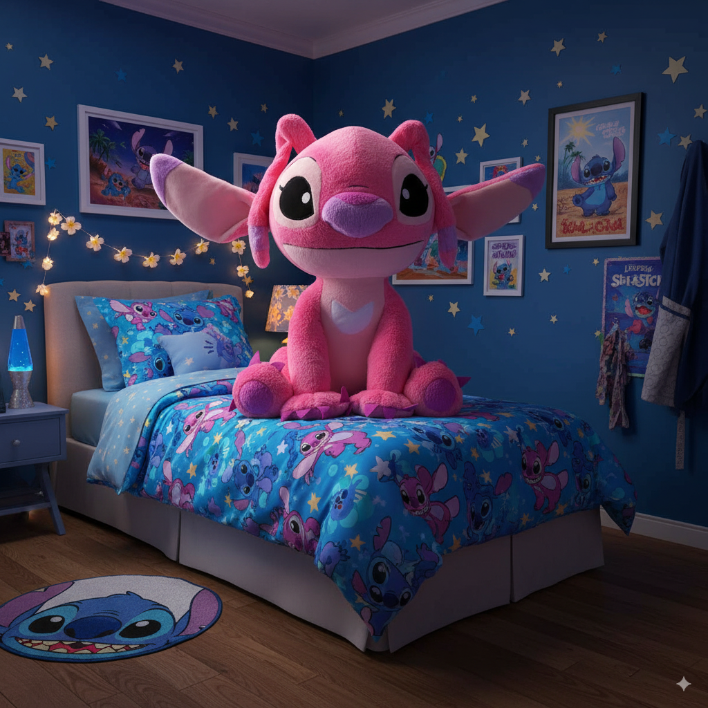 peluche angel stitch de 120cm sur un lit d'enfants
