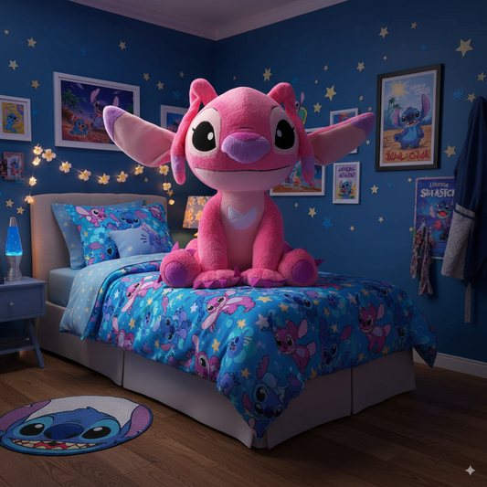 peluche angel stitch de 120cm sur un lit d'enfants